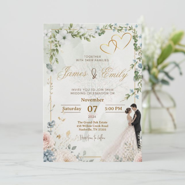 Convite de Casamento Elegante com Folhagem | Flora (Em pé/Frente)