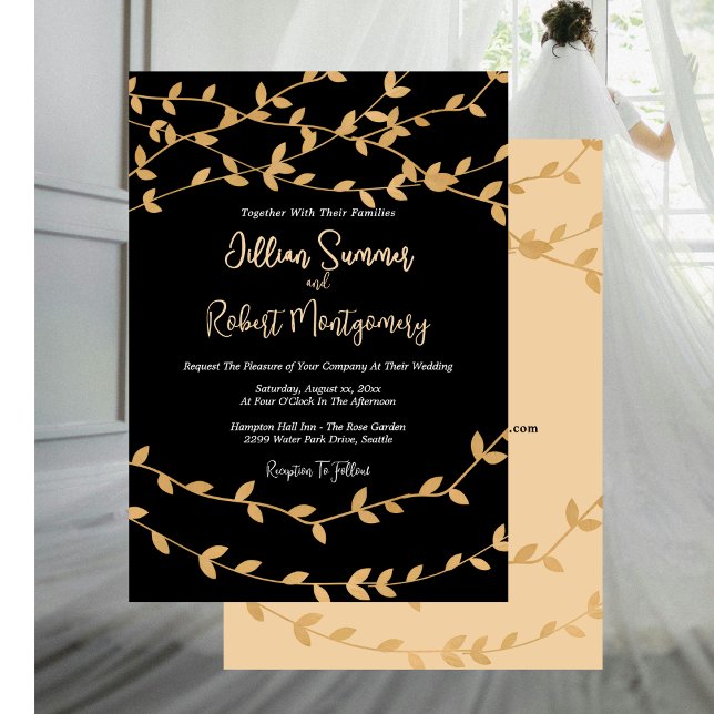 Convite de Casamento Elegante com Folhas de Ouro e (Elegant Gold Leaves With Black Wedding Invitation with RSVP)