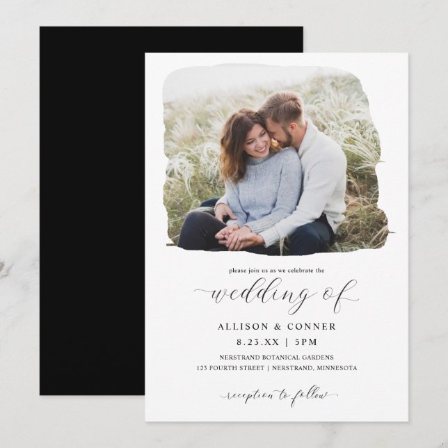 Convite de Casamento Elegante com Foto e Letra Rom (Frente/Verso)