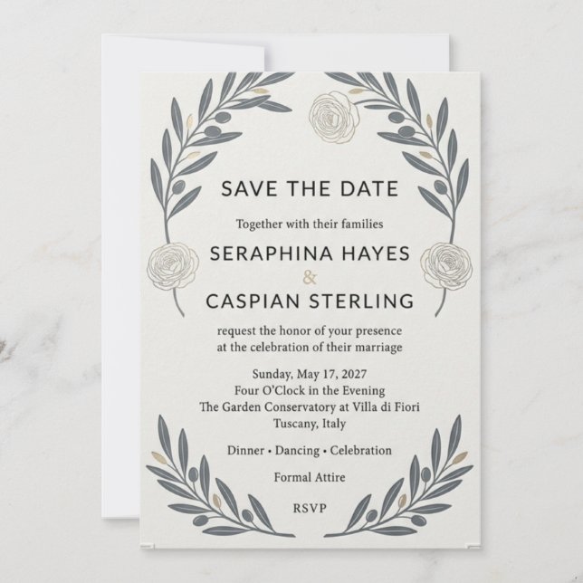 Convite de Casamento Elegante com Galho de Oliveir (Frente)