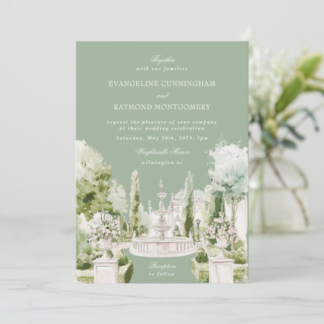 Convite de Casamento Elegante com Jardim de Mansão (Em pé/Frente)