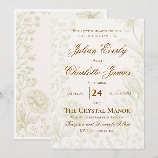 Convite de Casamento Elegante com Jardim Floral em (Frente/Verso)