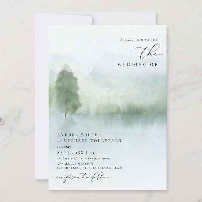 Convite de Casamento Elegante com Lago e Árvores e (Frente)