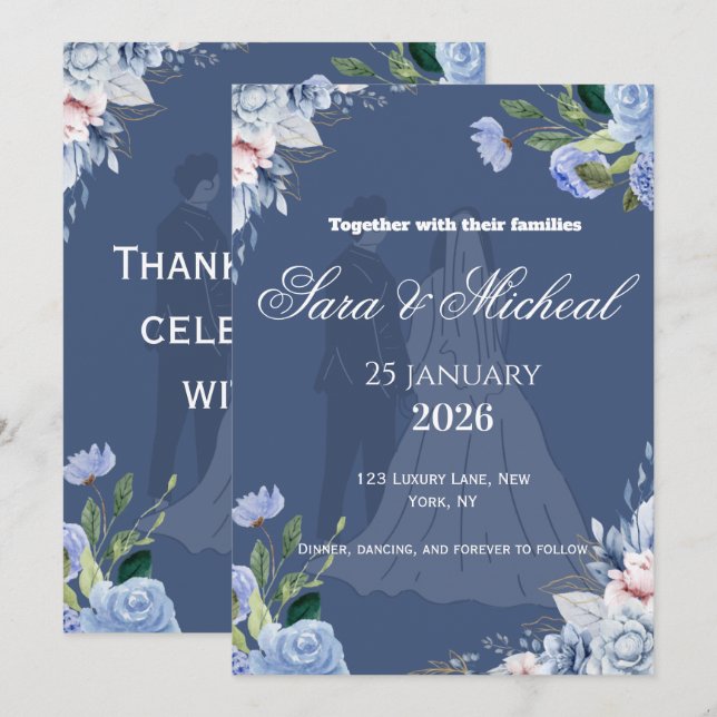 Convite de Casamento Elegante com Letra Floral de  (Frente/Verso)