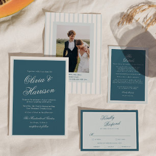 Convite de Casamento Elegante com Listra Azul Náut