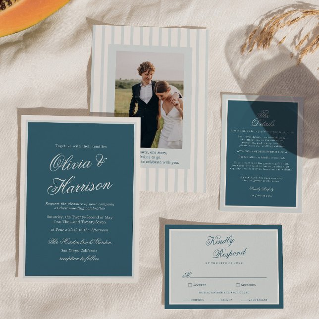 Convite de Casamento Elegante com Listra Azul Náut (Criador carregado)