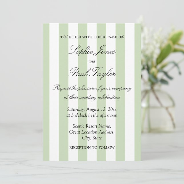 Convite de Casamento Elegante com Listras de Sage  (Em pé/Frente)