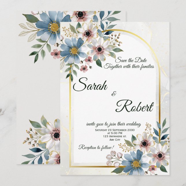 Convite de Casamento Elegante com Moldura de Flor  (Frente/Verso)