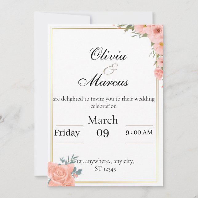 Convite de casamento elegante com moldura dourada (Frente)
