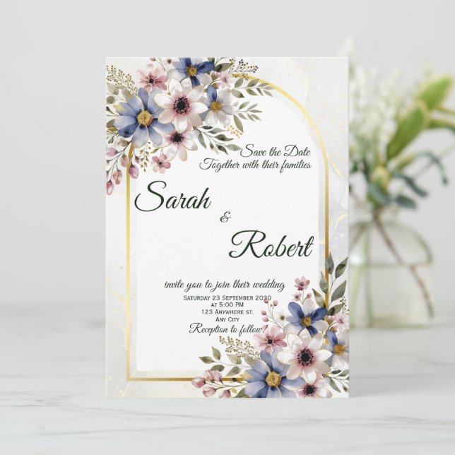 Convite de Casamento Elegante com Moldura Floral A (Em pé/Frente)