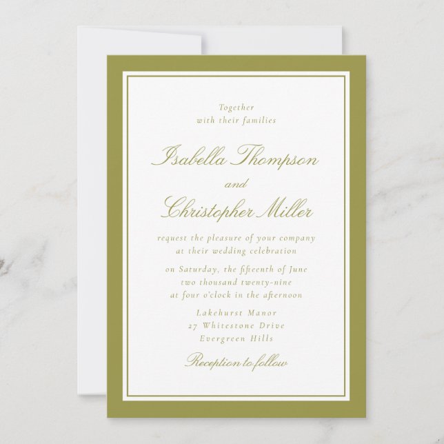 Convite de Casamento Elegante com Moldura Verde em (Frente)