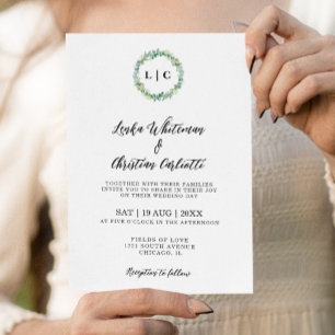 Convite de casamento elegante com monograma e verd