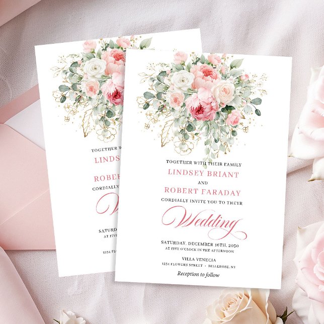 Convite de Casamento Elegante com Peônia Rosa e Do (Stylish Blush Peony Greenery Gold Wedding Invite)