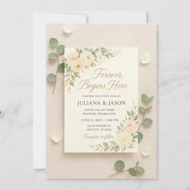 Convite de Casamento Elegante com Peônias Marfim S (Frente)