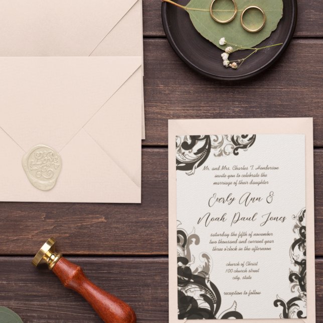 Convite de Casamento Elegante com Redemoinho Preto (Criador carregado)