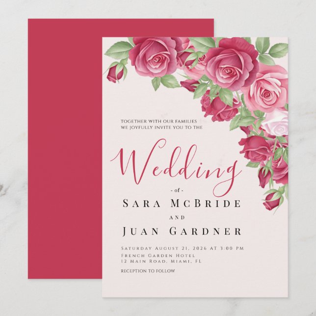 Convite de Casamento Elegante com Rosas Carmim e R (Frente/Verso)
