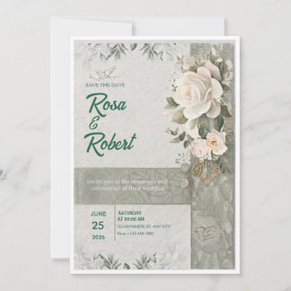Convite de Casamento Elegante com Rosas Verde Sálv