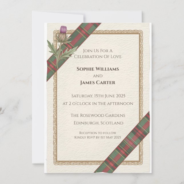 Convite de Casamento Elegante com Tartã Celta e Ca (Frente)