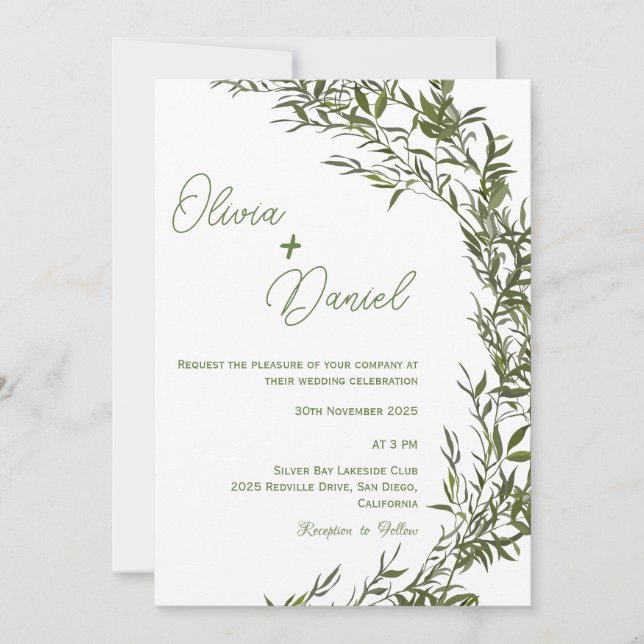 Convite de Casamento Elegante com Vegetação em Aqu (Frente)