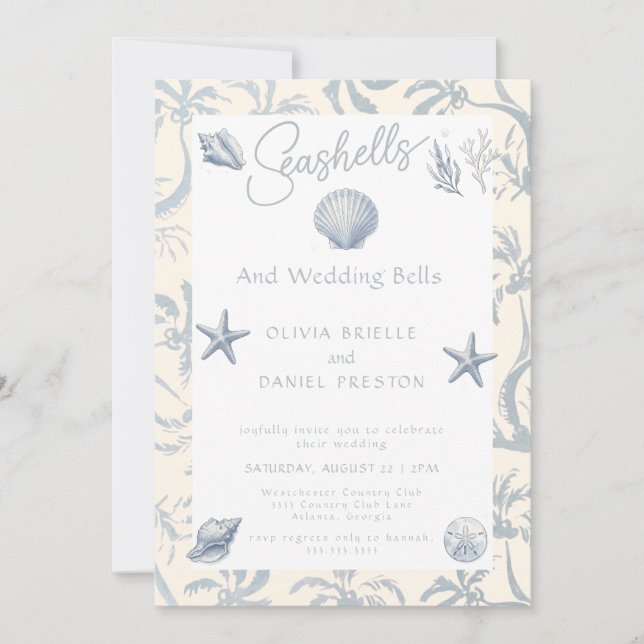 Convite de Casamento Elegante Concha Marítima Cost (Frente)