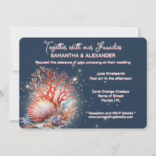 Convite de Casamento Elegante Coral Azul de Praia