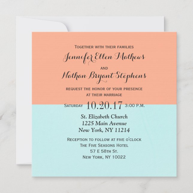 Convite de casamento elegante coral e verde menta  (Frente)