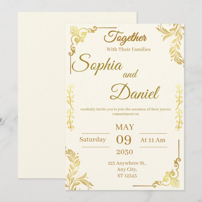 Convite de Casamento Elegante Creme e Dourado (Frente/Verso)