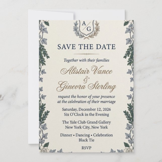 Convite de Casamento Elegante Crest & Ivy |  (Frente)