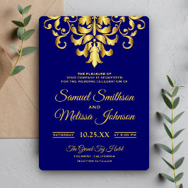 Convite de Casamento Elegante Damasco Azul Real Do