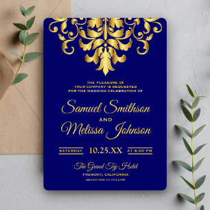 Convite de Casamento Elegante Damasco Azul Real Do