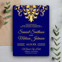 Convite de Casamento Elegante Damasco Azul Real Do