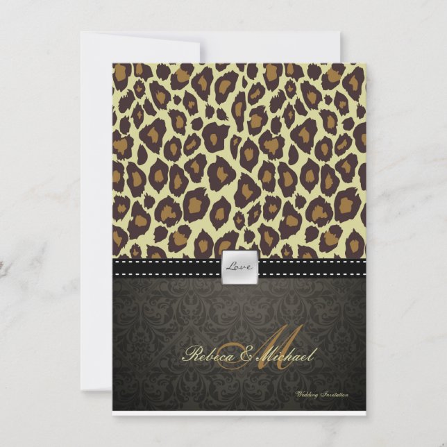 Convite de Casamento Elegante Damask Leopardo (Frente)