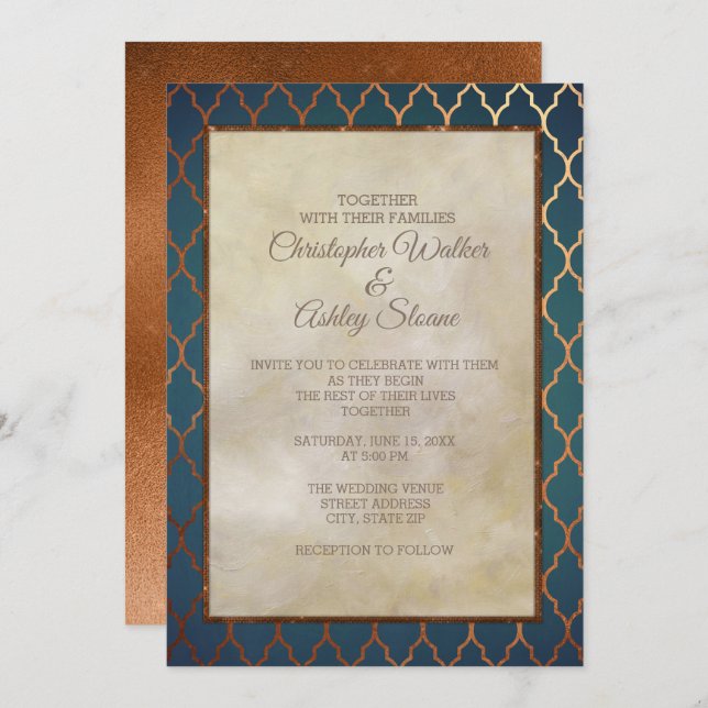 Convite de casamento Elegante de Cobre Teal (Frente/Verso)