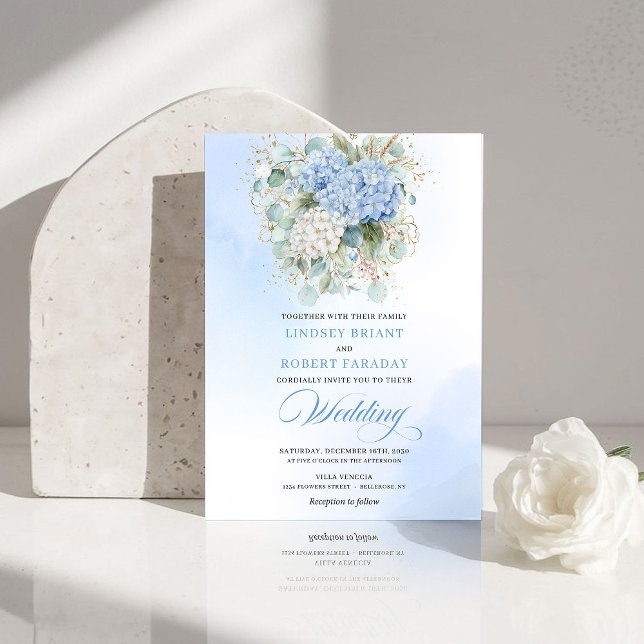 Convite de Casamento Elegante de Hortênsia Azul Eu (Elegant Blue Hydrangea Eucalyptus Wedding Invite)