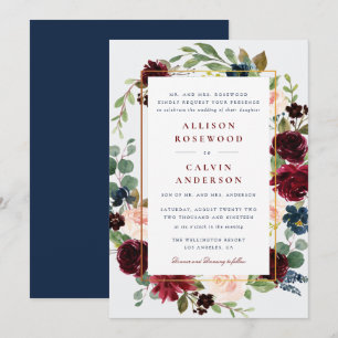 convite de casamento elegante de marinho burgundy