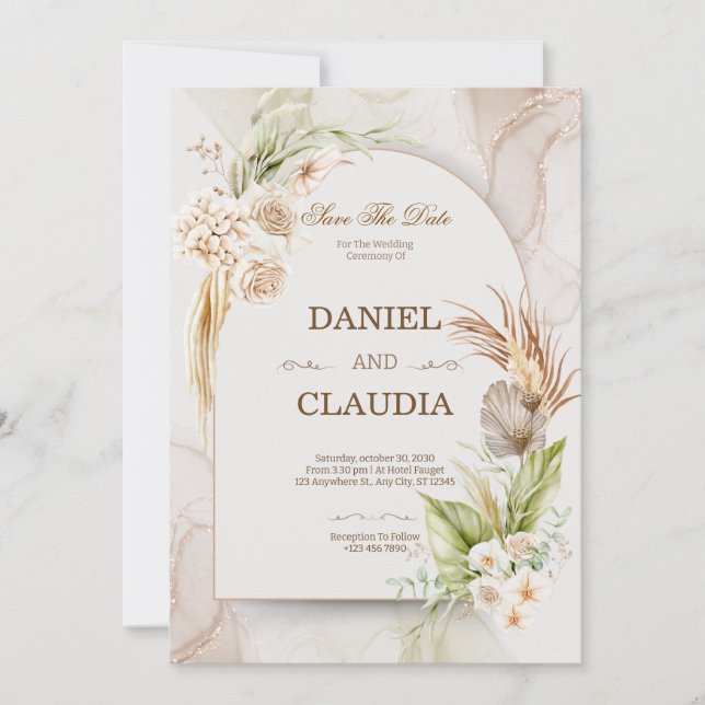 Convite de Casamento Elegante Deserto Chic Pampas  (Frente)