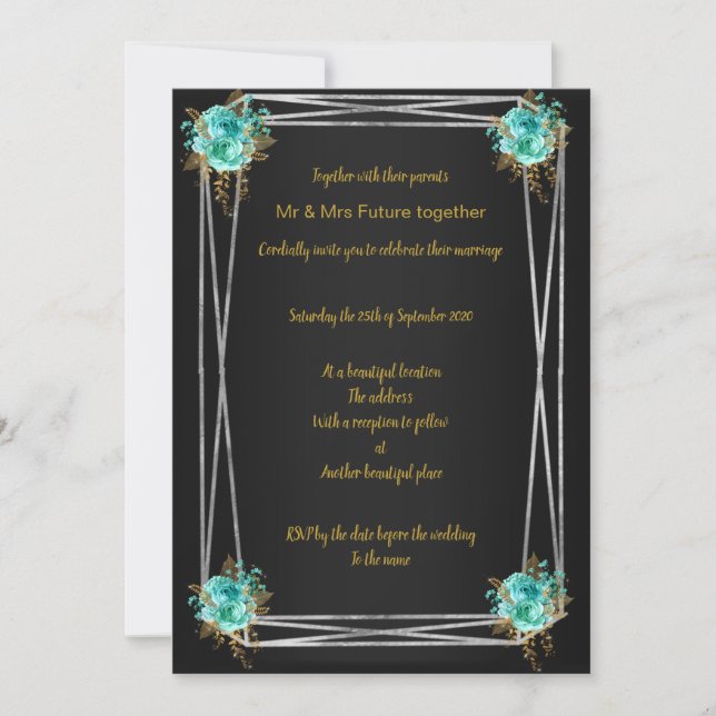 CONVITE DE CASAMENTO ELEGANTE DOURADO AQUA PRETO (Frente)