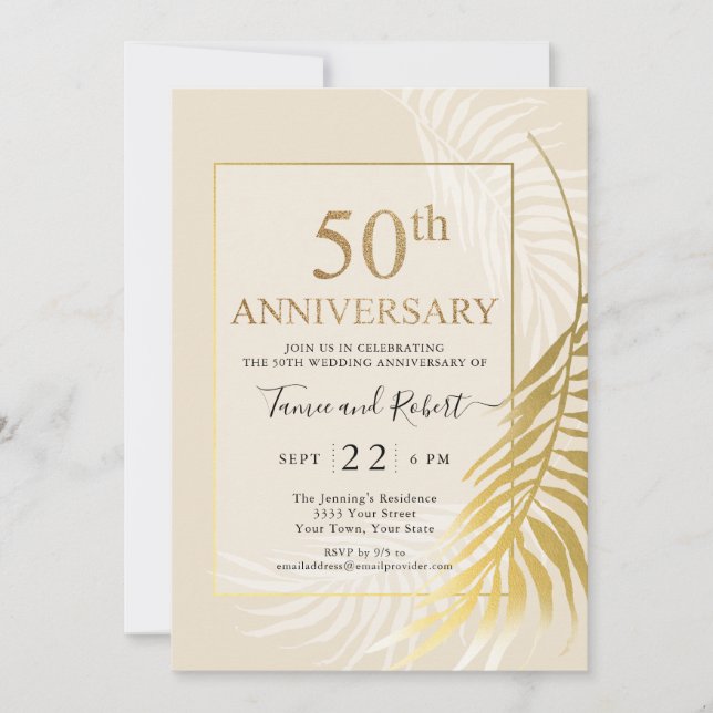 Convite de casamento elegante dourado branco 50º a (Frente)