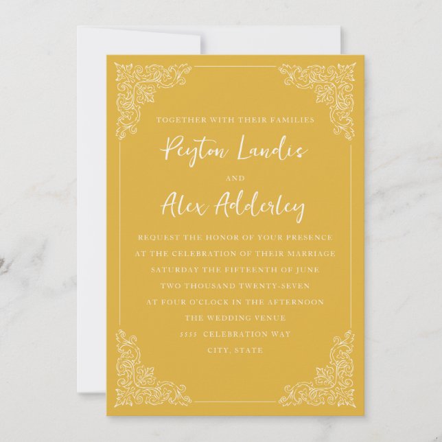 Convite de Casamento Elegante Dourado Branco Vinta (Frente)