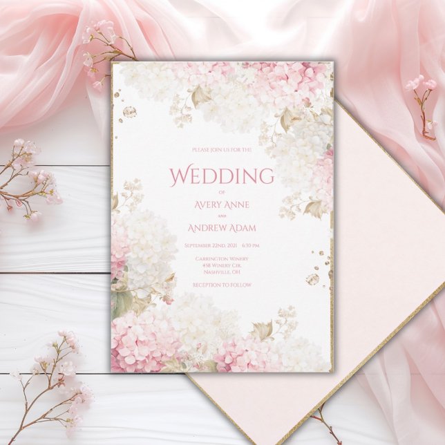 Convite de Casamento Elegante Dourado com Hortênsi (Criador carregado)