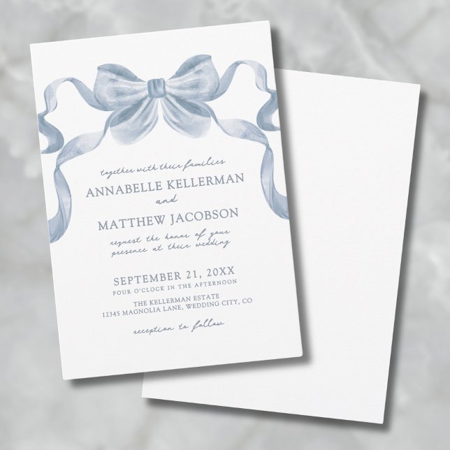 Convite de Casamento Elegante e Caprichoso com Laç (Dusty Blue Bow Whimsical Elegant Wedding Invitatio Invitation)