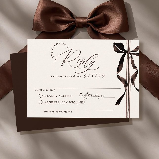 Convite de Casamento Elegante e Simples com Laço d (Elegant modern watercolor brown coquette bow script ivory wedding invitation formal rsvp reply card)