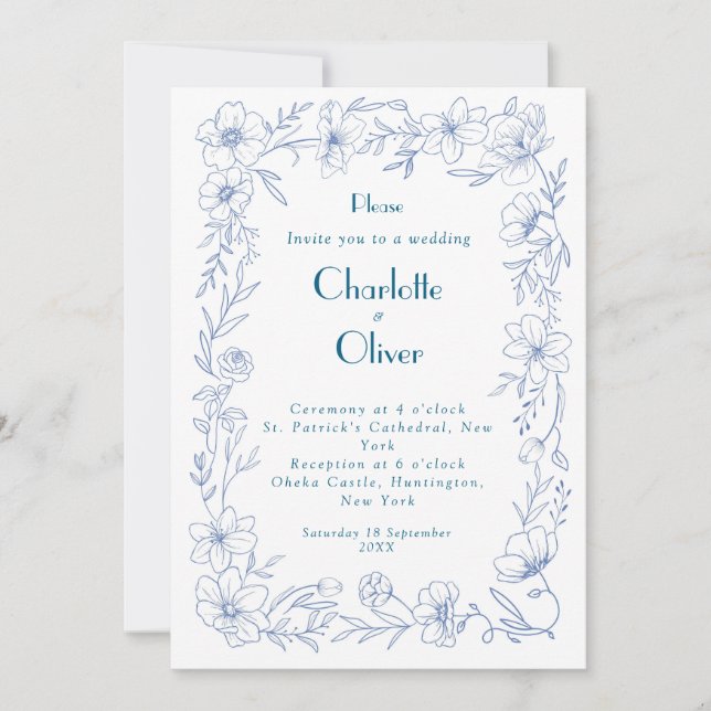 Convite de Casamento Elegante em Azul com Design F (Frente)
