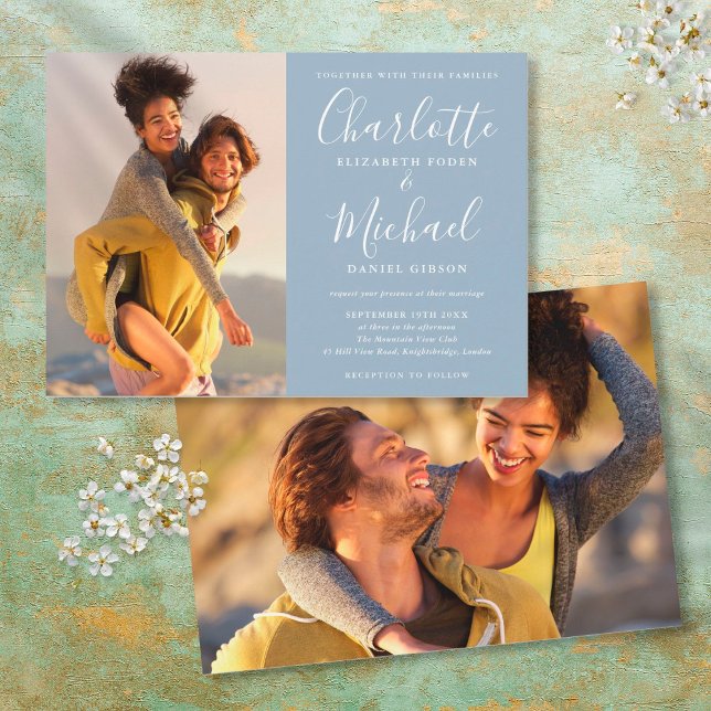 Convite de Casamento Elegante em Azul Poeirento co (Criador carregado)