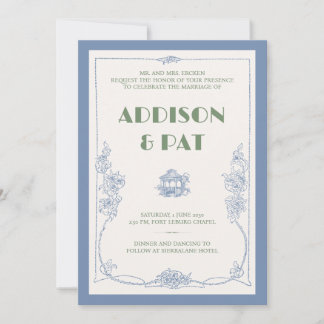 Convite de Casamento Elegante em Azul Poeirento Vi