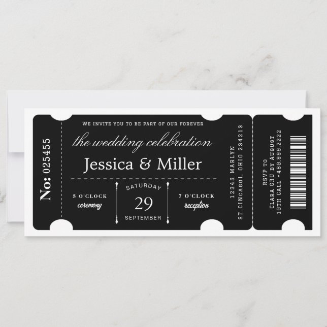 Convite de Casamento Elegante em Bilhete Preto (Frente)