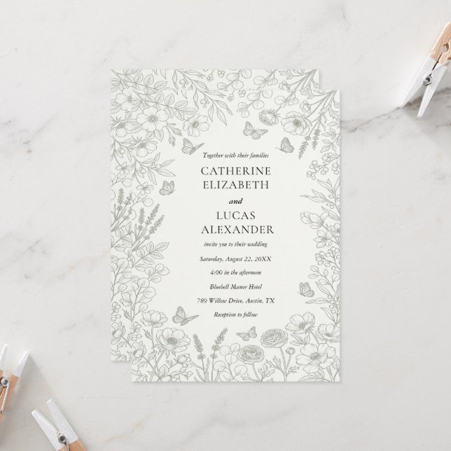 Convite de Casamento Elegante em Cinza com Arte Li (Frente/Verso In Situ)
