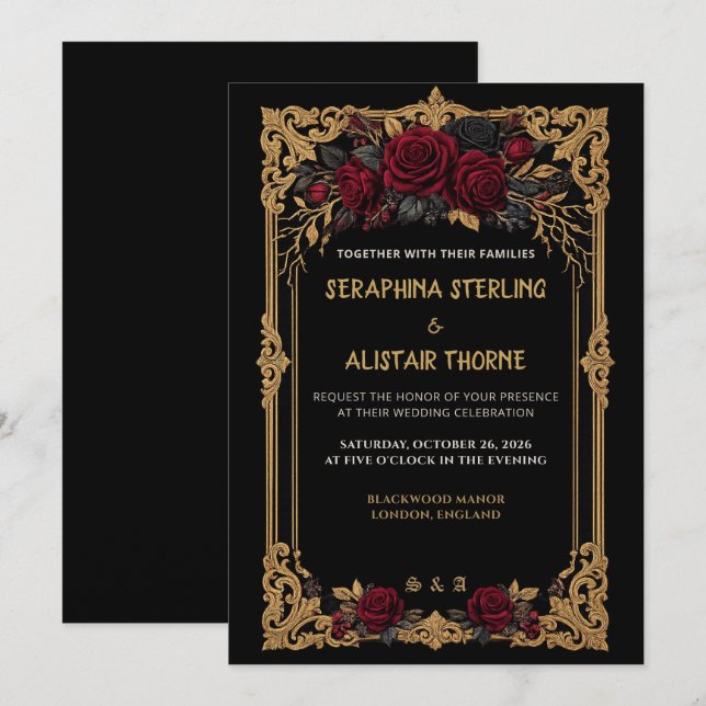 Convite de Casamento Elegante em Preto com Rosa Do (Frente/Verso)