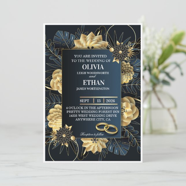 Convite de casamento elegante em preto escuro e do (Em pé/Frente)