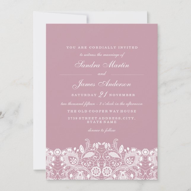 Convite de Casamento Elegante em Renda Branca Rosa (Frente)